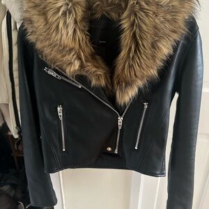 Blank NYC Black Leather Jacket with Faux Fur Collar